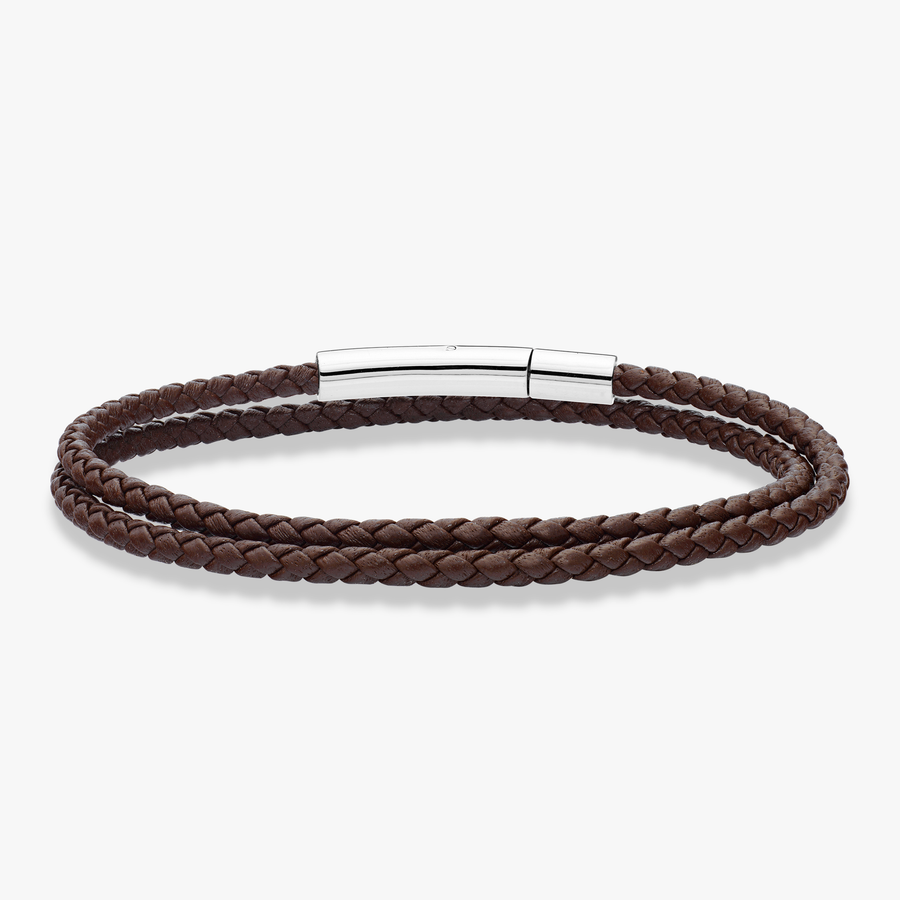 Genuine Italian Double Wrap Braided Brown Leather with Stainless Steel Clasp, 3mm