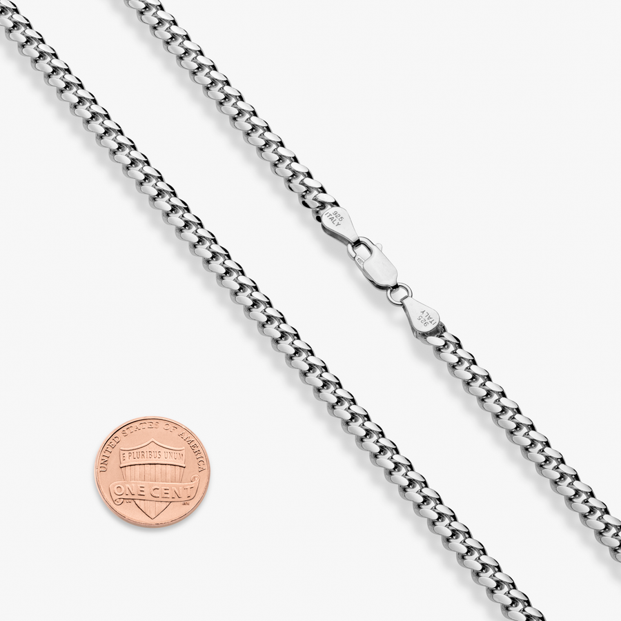 Thick Cuban Link Chain Necklace in Rhodium Plated Sterling Silver, 5mm