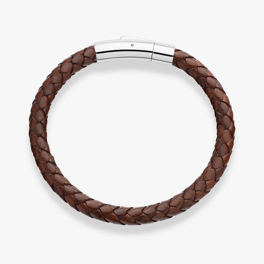 Genuine Italian Braided Brown Leather Bracelet With Stainless Steel Clasp, 6mm