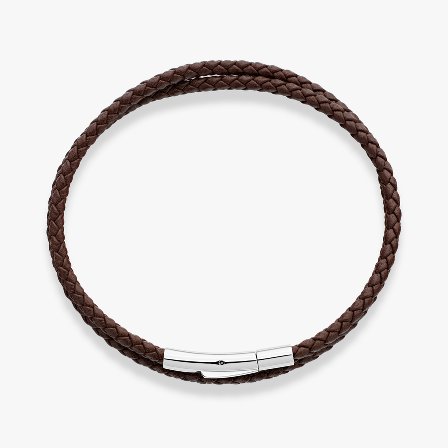 Genuine Italian Double Wrap Braided Brown Leather with Stainless Steel Clasp, 3mm