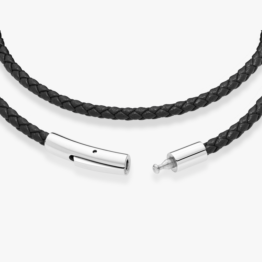 Genuine Italian Double Wrap Braided Black Leather with Stainless Steel Clasp, 3mm