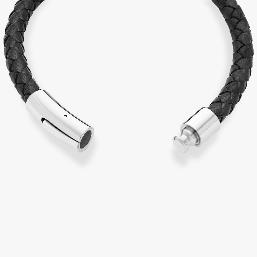 Genuine Italian Braided Black Leather Bracelet With Stainless Steel Clasp, 6mm