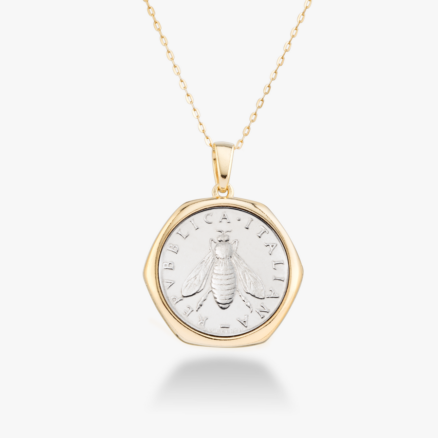 Original 2-Lira Bee Coin Pendant Necklace in 18Kt Gold Over Sterling Silver, Length 18 inch