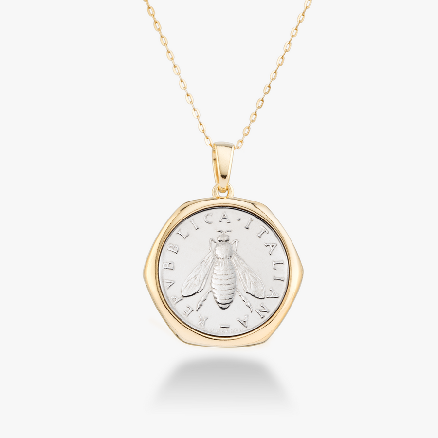 Original 2-Lira Bee Coin Pendant Necklace in 18k Gold Over Sterling Silver, Length 18 inch