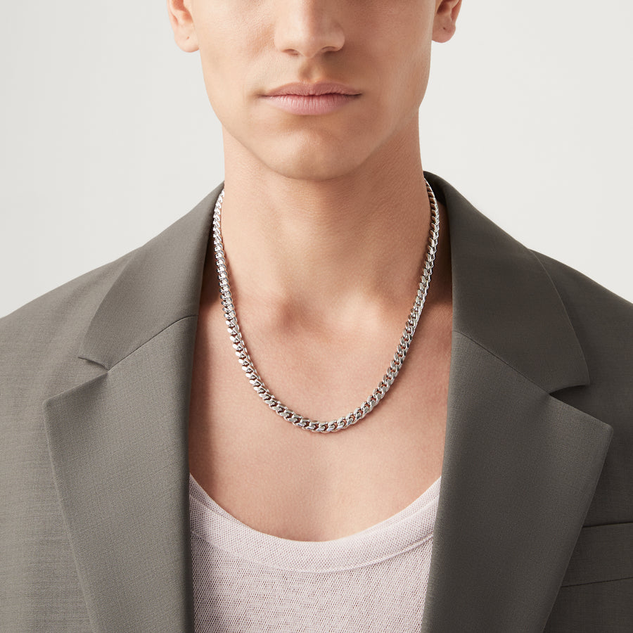 Thick Cuban Link Chain Necklace in Rhodium Plated Sterling Silver, 7mm