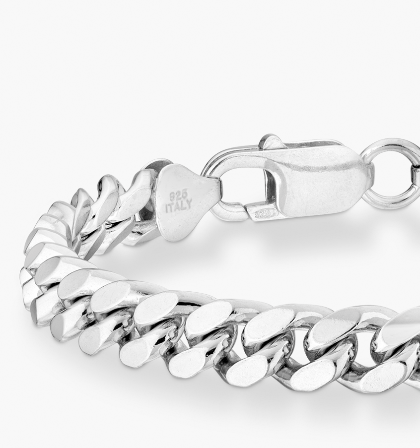 Thick Cuban Link Chain Bracelet in Rhodium Plated Sterling Silver, 7mm