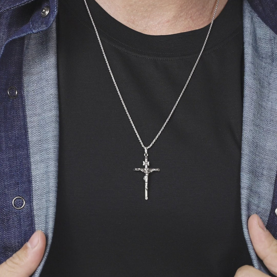 Crucifix Cross Pendant Necklace in Rhodium Plated Sterling Silver, Large