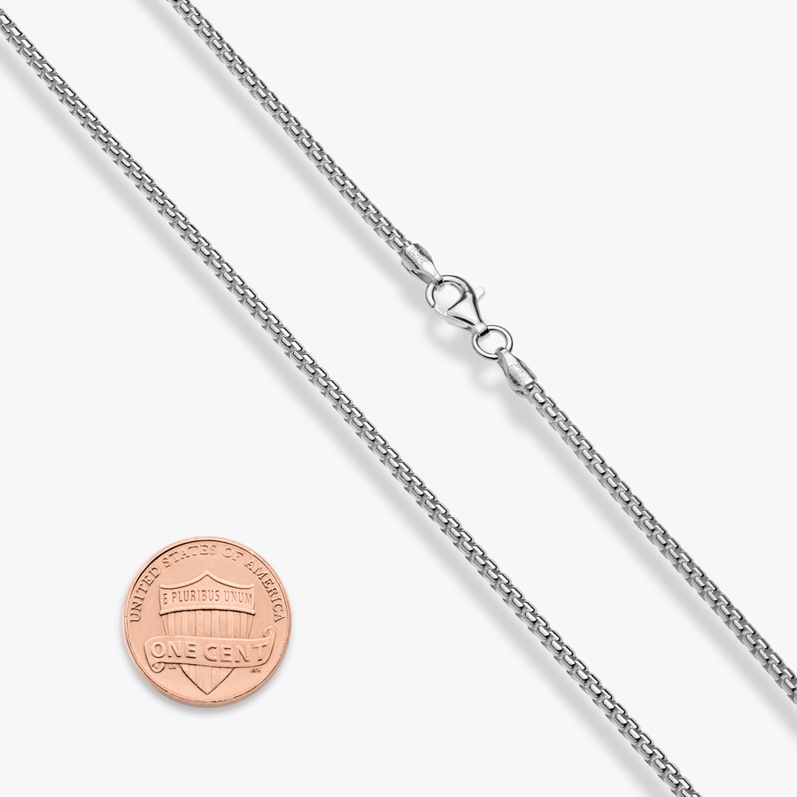 Round Box Chain Necklace in Rhodium Plated Sterling Silver, 2mm