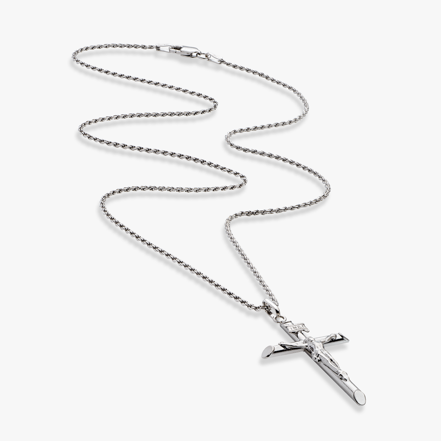 Crucifix Cross Pendant Necklace in Rhodium Plated Sterling Silver, Large