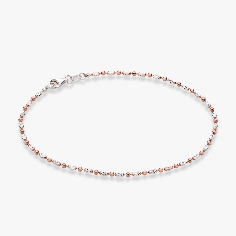 Diamond-Cut Oval and Round Bead Anklet in 18k rose gold over sterling silver