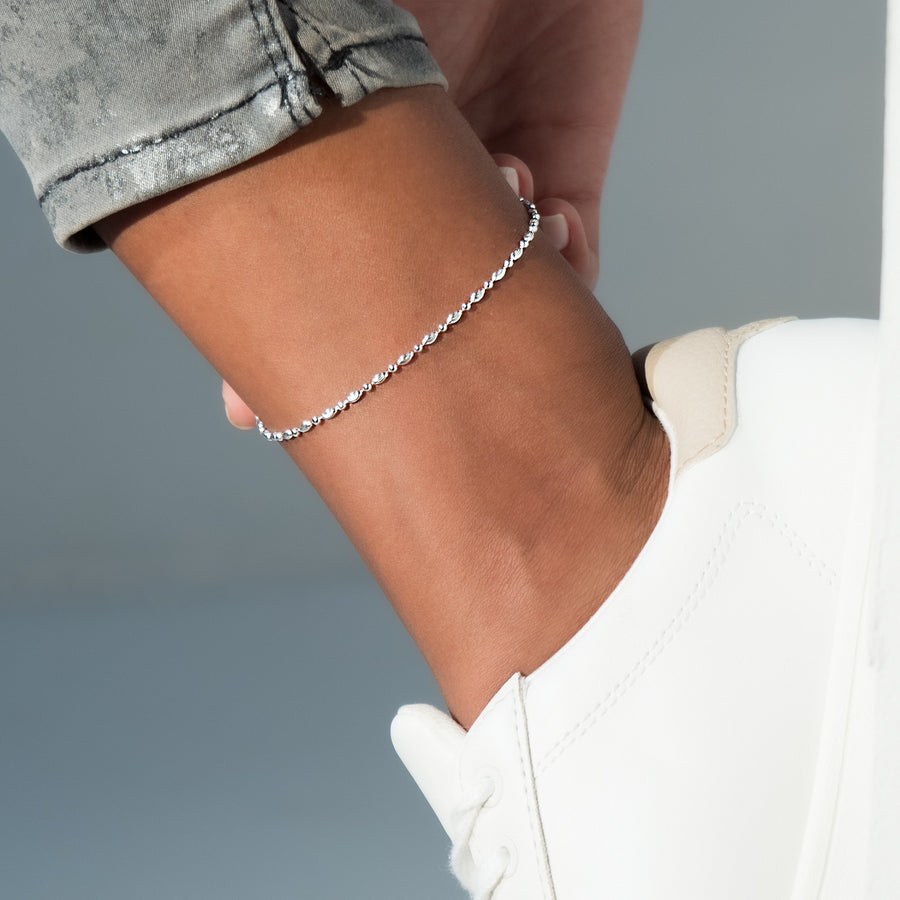 Diamond-Cut Oval and Round Bead Anklet in Sterling Silver