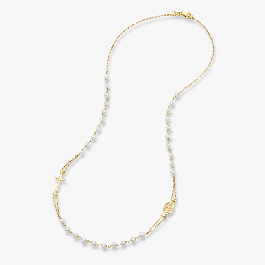 Freshwater Pearl Rosary Beaded Sideways  Cross Necklace in 18Kt Gold Over Sterling Silver