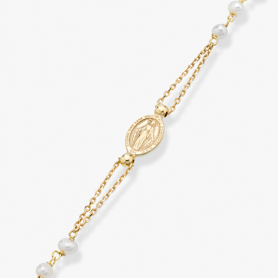 Freshwater Pearl Rosary Beaded Sideways  Cross Necklace in 18Kt Gold Over Sterling Silver