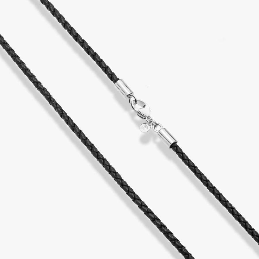 Genuine Braided Leather Cord Necklace with Rhodium Plated Sterling Silver Clasp, 3mm