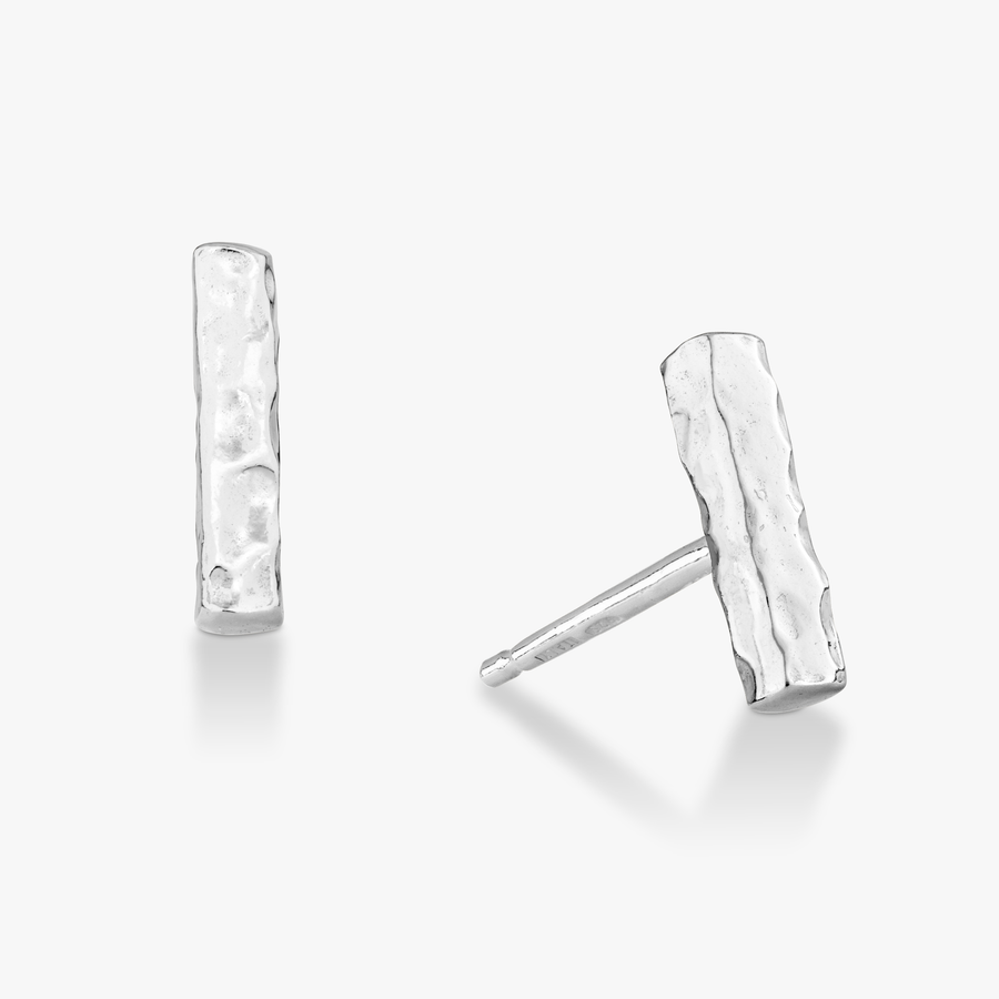 Hammered Flat Bar Stud Earrings in Sterling Silver