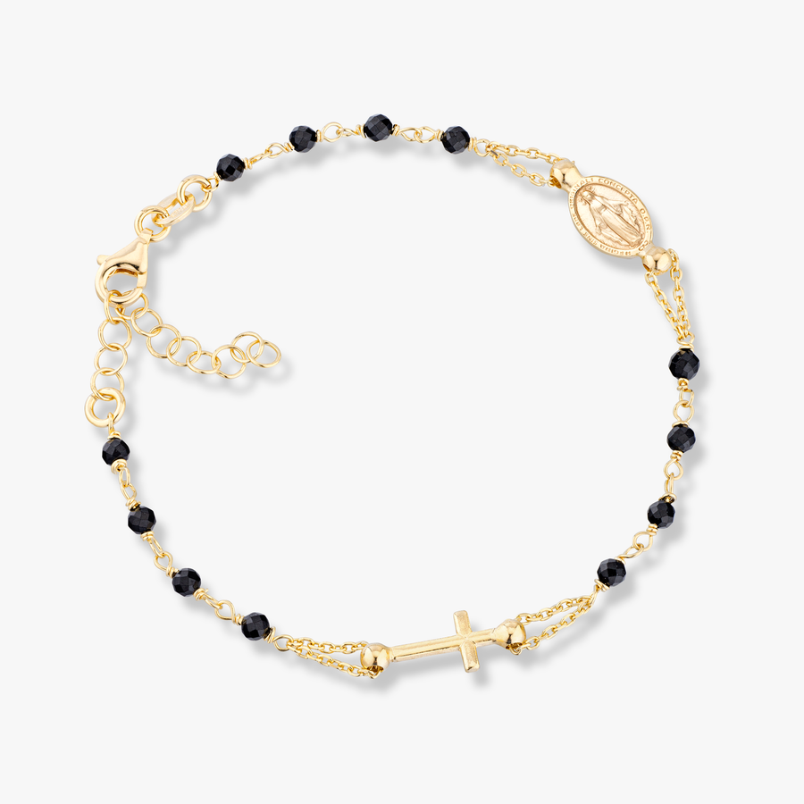 Natural Black Spinel Rosary Adjustable Bracelet in 18k gold over sterling silver
