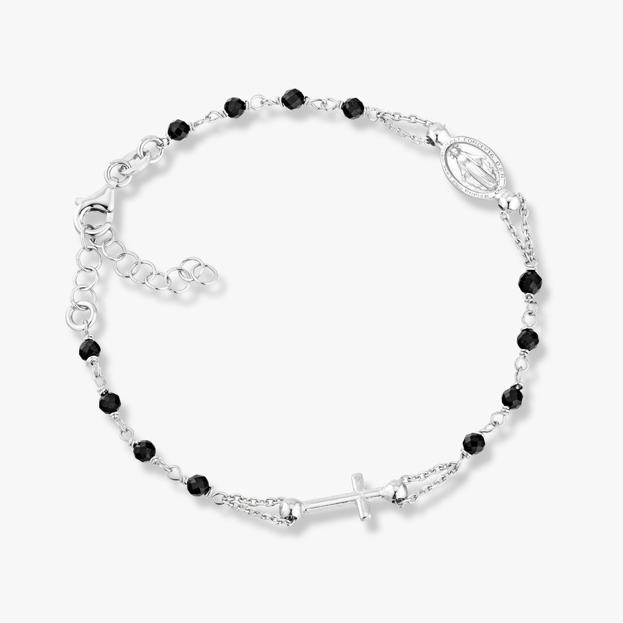 Natural Black Spinel Rosary Adjustable Bracelet in Sterling Silver