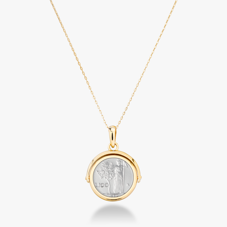 Original Italian 100 Lira Flip Coin Adjustable Pendant Necklace in 18Kt Gold Plated Sterling Silver
