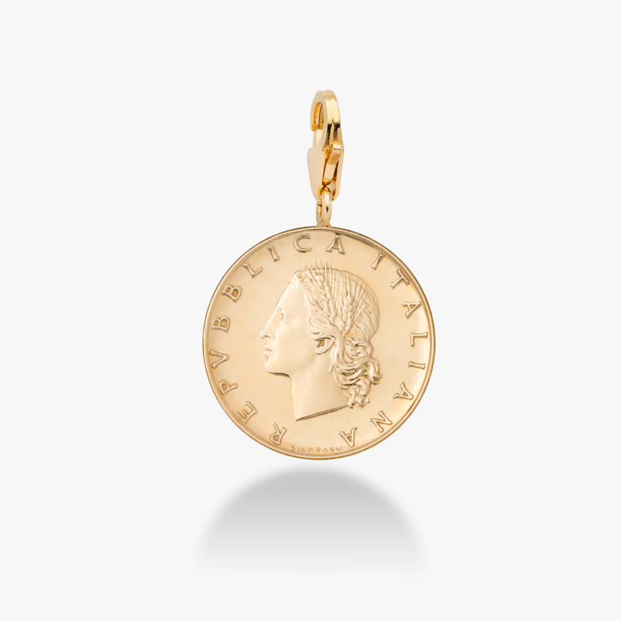Original Italian 20 Lira Coin Charm Pendant with Lobster Clasp in 18Kt Gold Over Sterling Silver