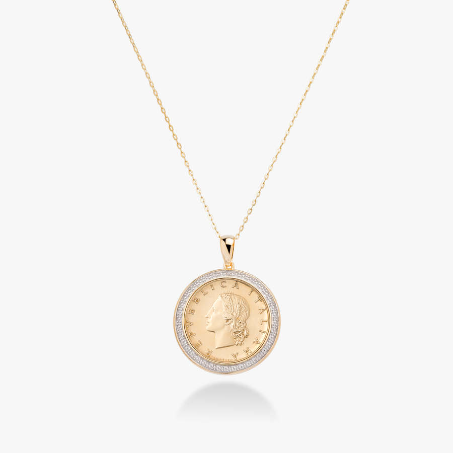 Original Italian 20 Lira Coin Diamond Accent Pendant Necklace in 18Kt Gold Plated Sterling Silver