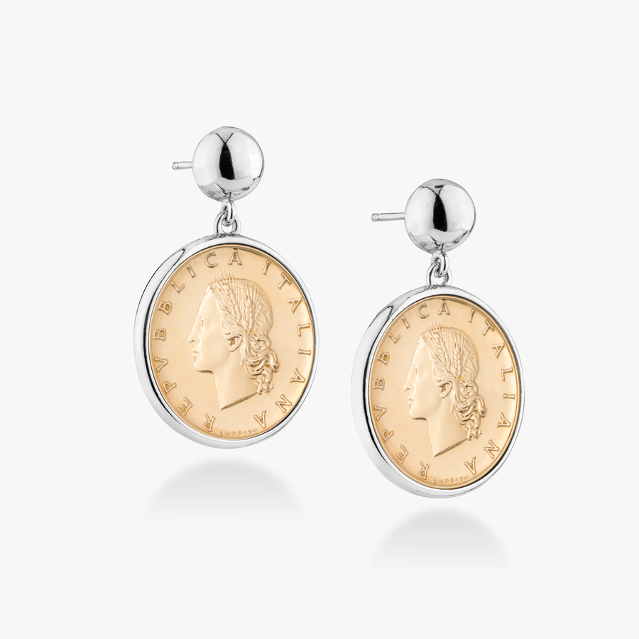 Original Italian 20 Lira Coin Drop Bead Earrings in Rhodium Plated Sterling Silver