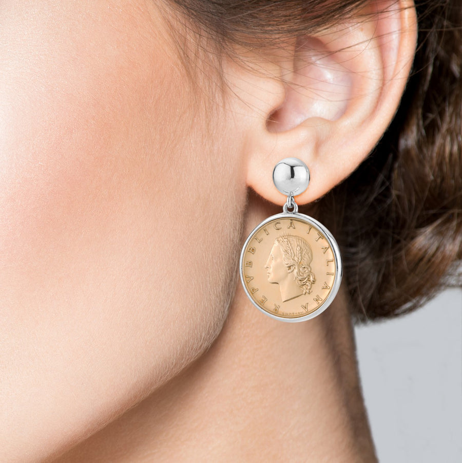 Original Italian 20 Lira Coin Drop Bead Earrings in Rhodium Plated Sterling Silver