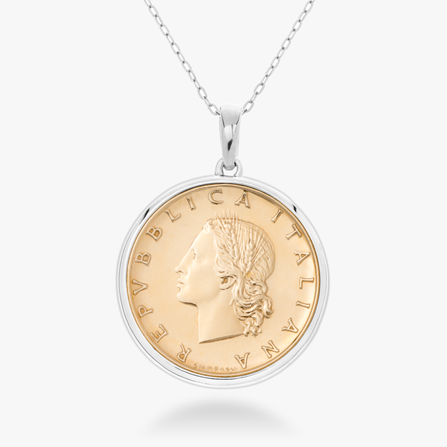 Original Italian 20 Lira Coin Pendant Necklace in Rhodium Plated Sterling Silver