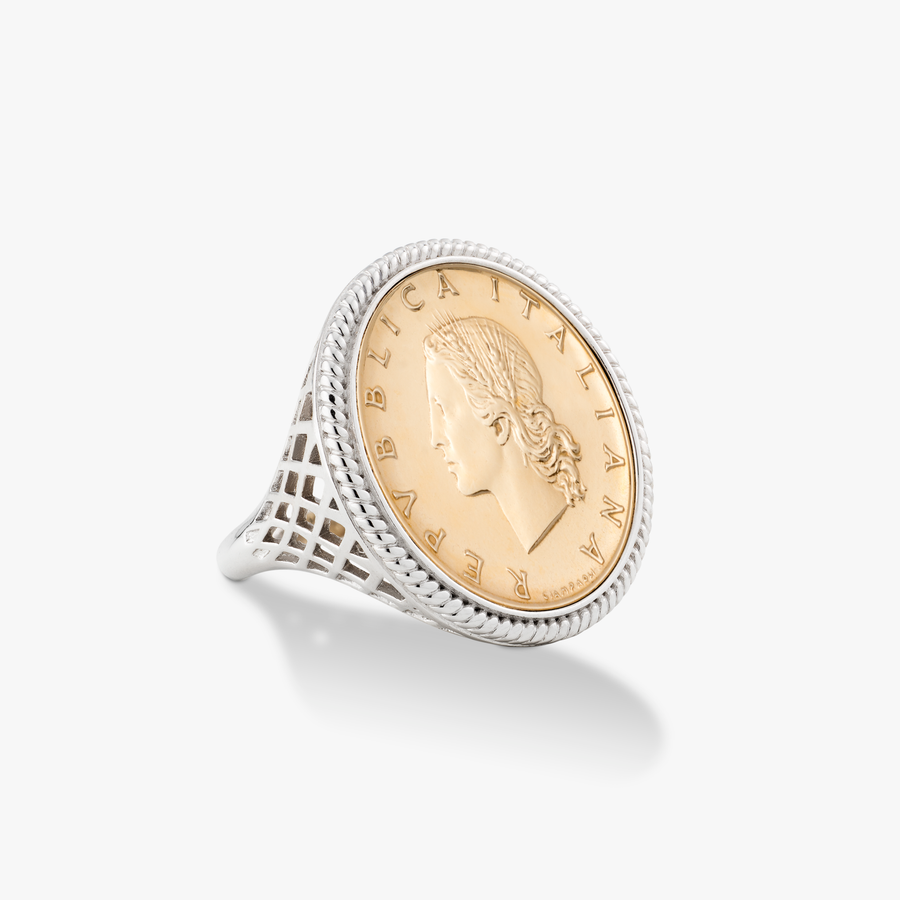 Original Italian 20 Lira Coin Rope Ring in Rhodium Plated Sterling Silver
