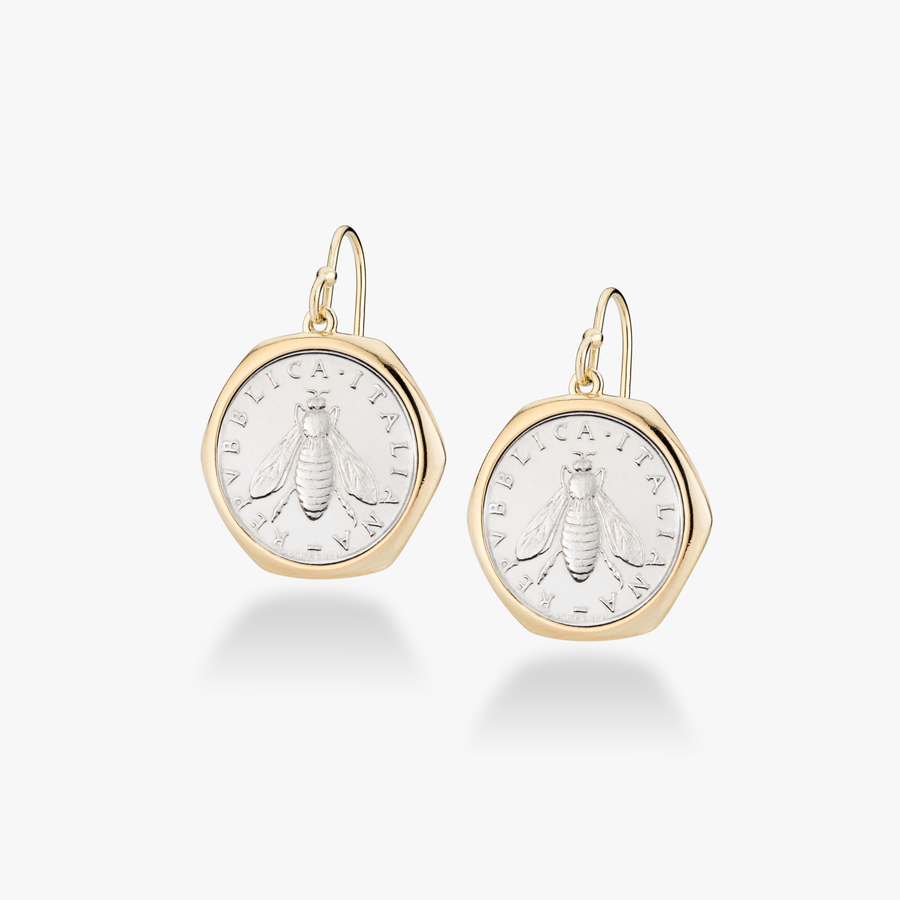 Original Italian 2 Lira Bee Coin Drop Earrings  in 18Kt Gold Over Sterling Silver