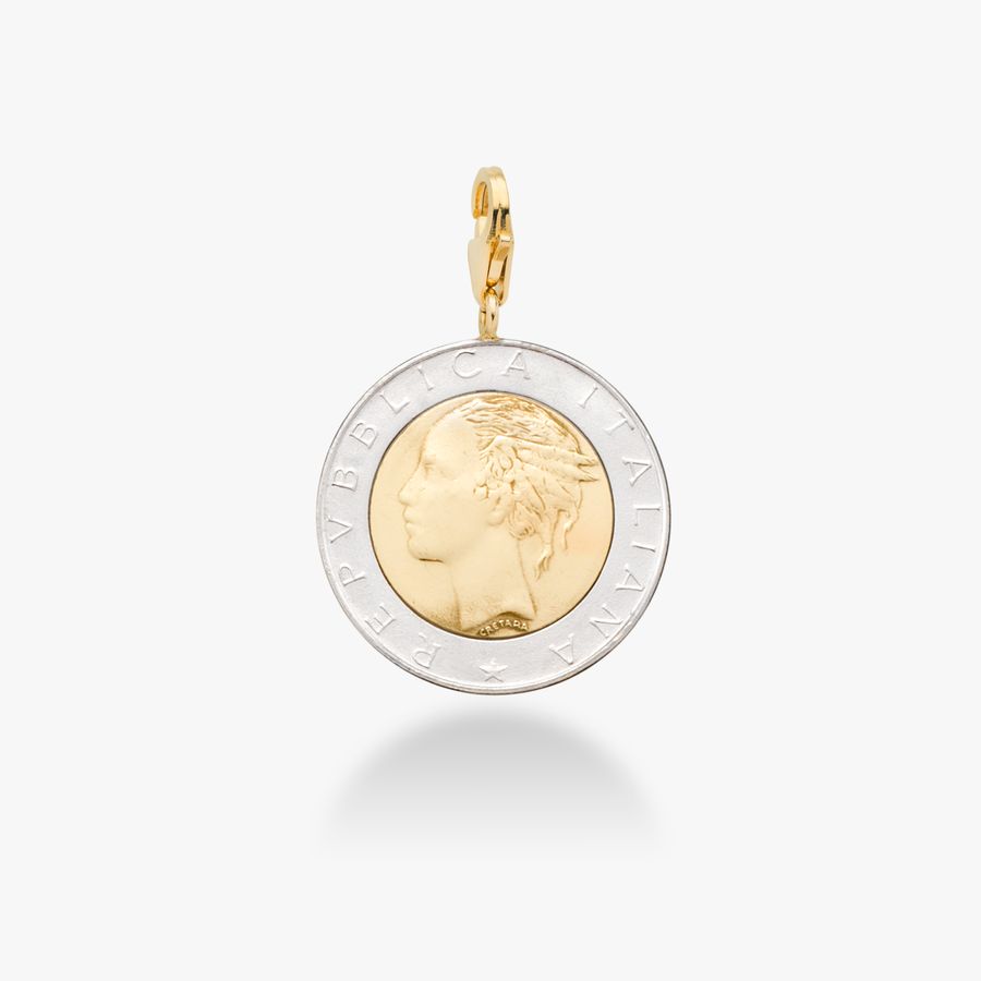 Original Italian 500 Lira Coin Charm Pendant with Lobster Clasp in 18Kt Gold Over Sterling Silver