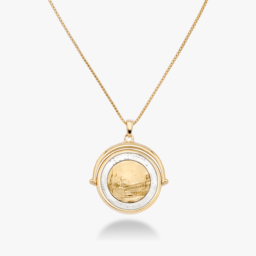 Original Italian 500 Lira Flip Coin Pendant Necklace in 18Kt Gold Plated Sterling Silver