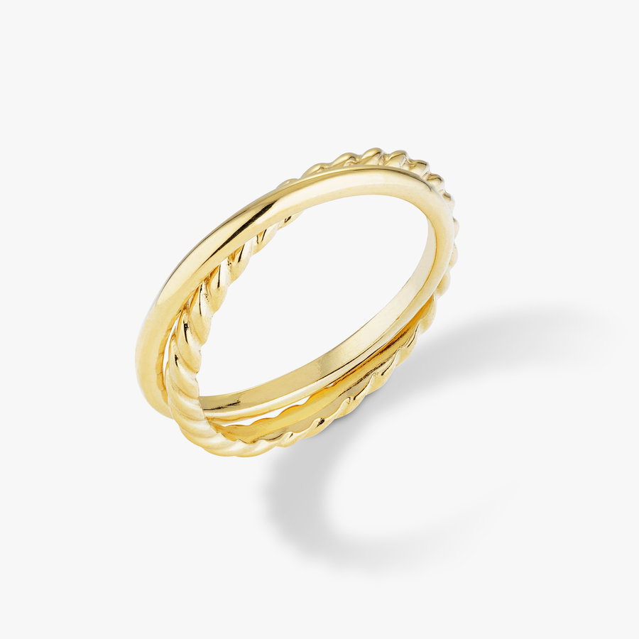 Rope and Polished Band Interlocked Rolling Ring in 18k gold over sterling silver