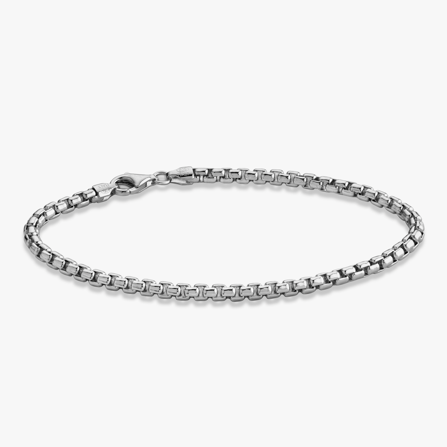 Round Box Chain Bracelet in Rhodium plated sterling silver, 3.5mm