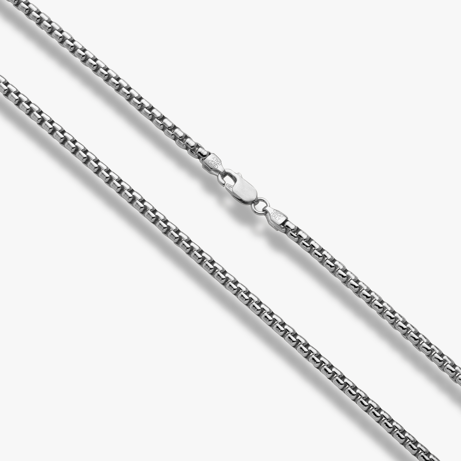Round Box Chain Necklace in Rhodium Plated 925 Sterling Silver, 3.5mm