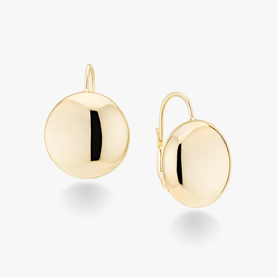 Round Dome Button Leverback Earrings in 18k gold over sterling silver, 12mm