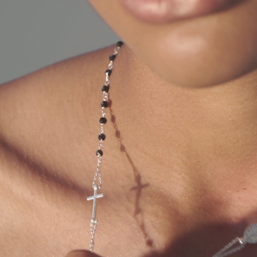 Natural Black Spinel Rosary Beaded Sideways Cross Necklace in Sterling Silver