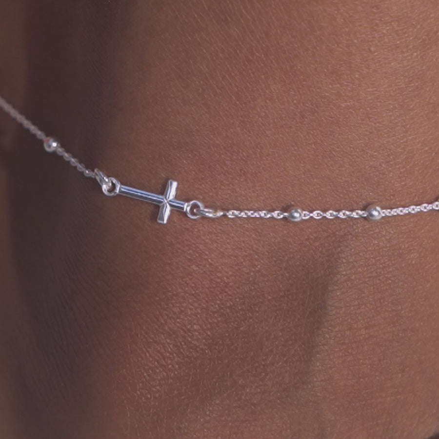Rosary Cross Bead Anklet in Sterling Silver